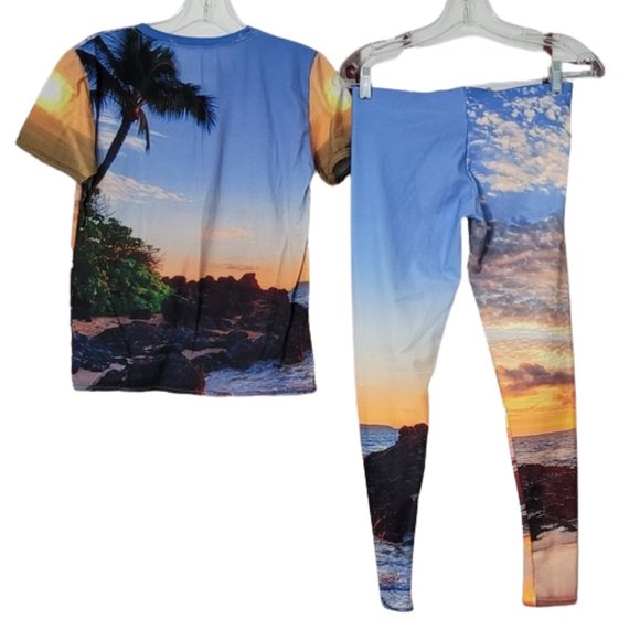 One-of-a-kind Tropical Sunset Print Tee Shirt and Matching Leggings - Picture 2 of 2